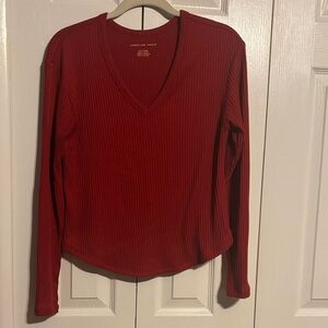 American Eagle Outfitters Deep Red Ribbed Long Sleeve v neck top size XS